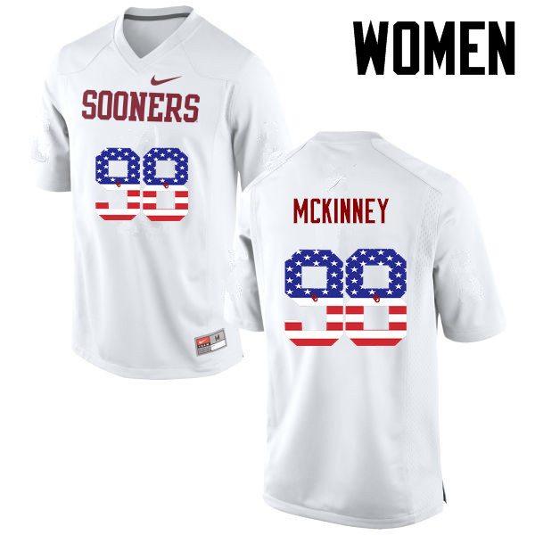 Women Oklahoma Sooners #98 Zacchaeus McKinney College Football USA Flag Fashion Jerseys-White